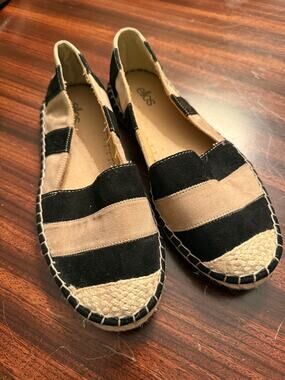Ellos Striped Espadrille Flats Slip-On Shoes Black and Cream Fabric Top Sz 8.5